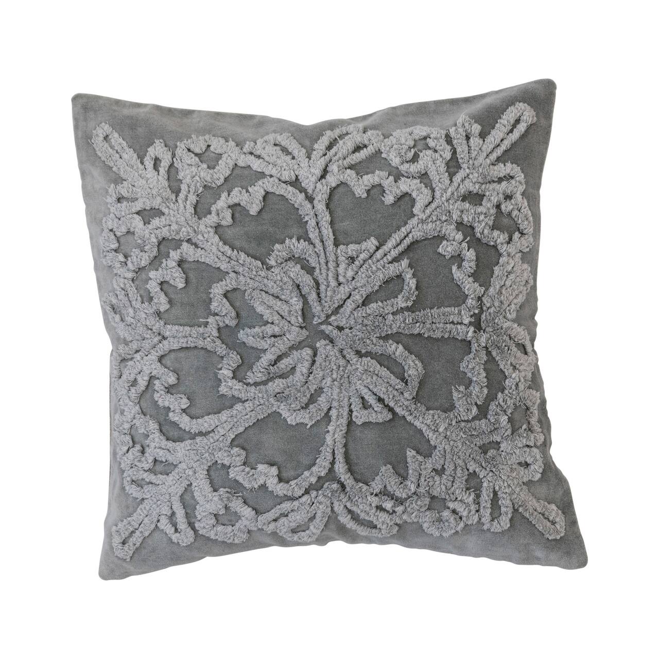 Hello Honey® Gray & Natural White Square Cotton Tufted Velvet Pillow with Snowflake & Chambray Back